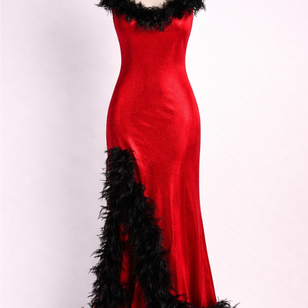 Red velvet  Evening Gown with Black Feather Trim